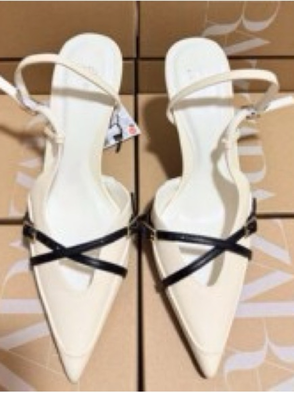 Zara Cream Pointed Slingback Mules with Black Crossover Straps